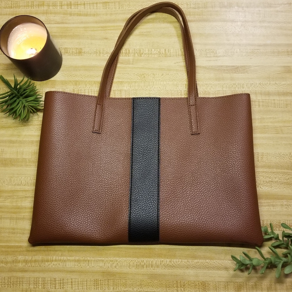 Vince Camuto luck brown black vegan leather tote